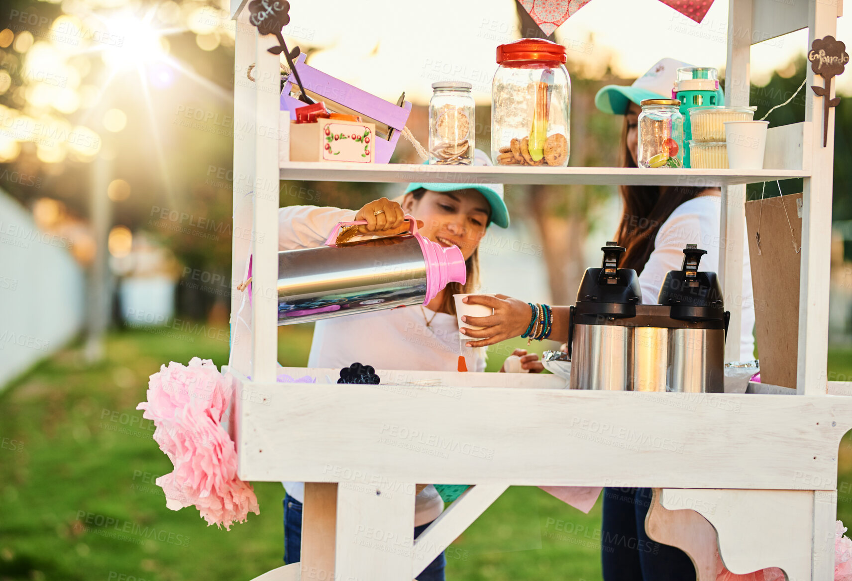 Buy stock photo Friends, cafe and woman with small business, outdoor and proud of stall, entrepreneur and working. Street, happy and people with startup and mobile coffee cart in morning, vendor and girls in retail