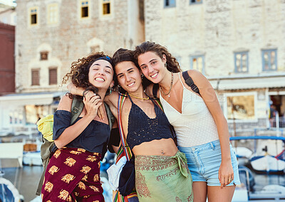 Buy stock photo Travel, friends and portrait of women in city for holiday, vacation and adventure together. Happy, smile and people hug for embrace, care and love in street for journey, fun and tourism in Barcelona