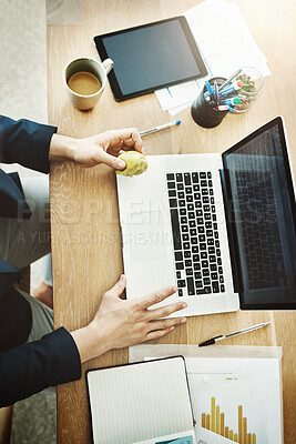 Buy stock photo Hands, laptop or employee eating apple while writing email for profit, stats or data closeup. Computer, fruit or person at table for lunch break, business or metrics of food sales on mockup in office