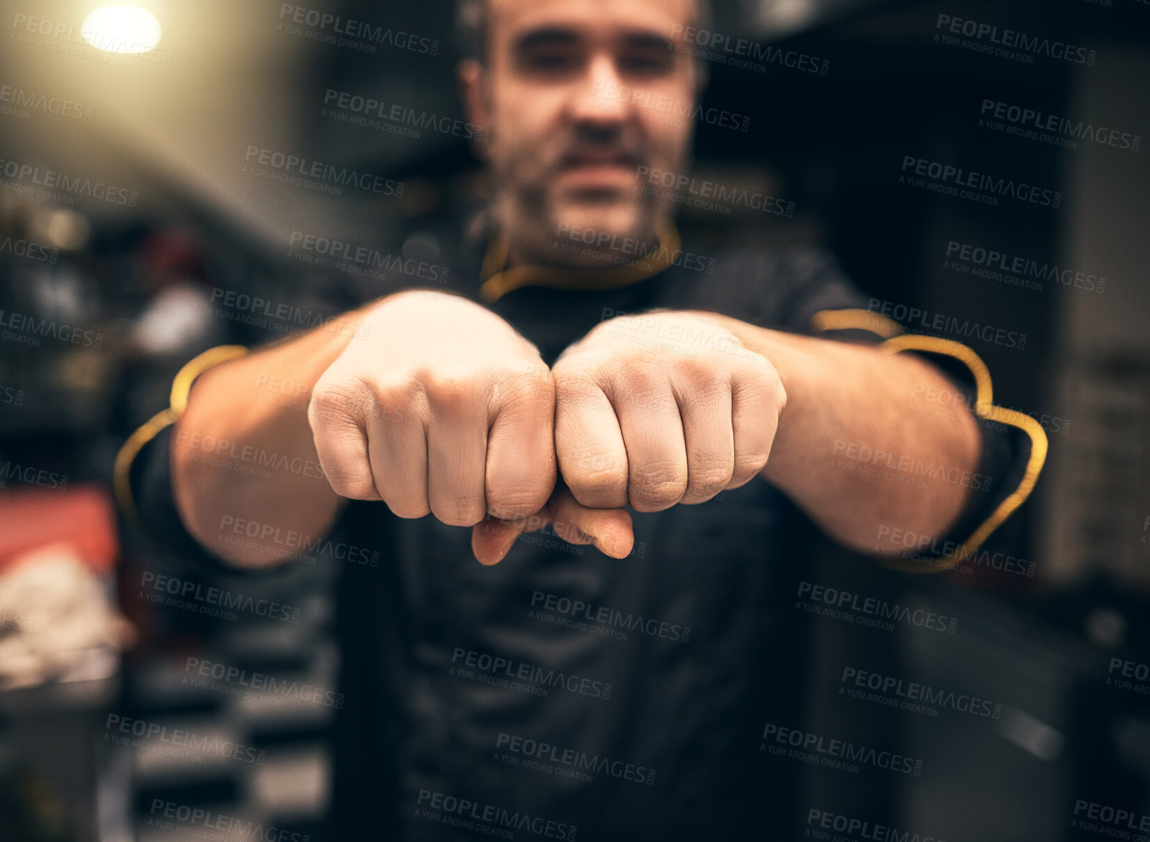 Buy stock photo Art, man and hand fists with tattoo in restaurant kitchen with love for baking, cooking or small business owner. Professional, chef and person with ink in catering industry for service or fine dining