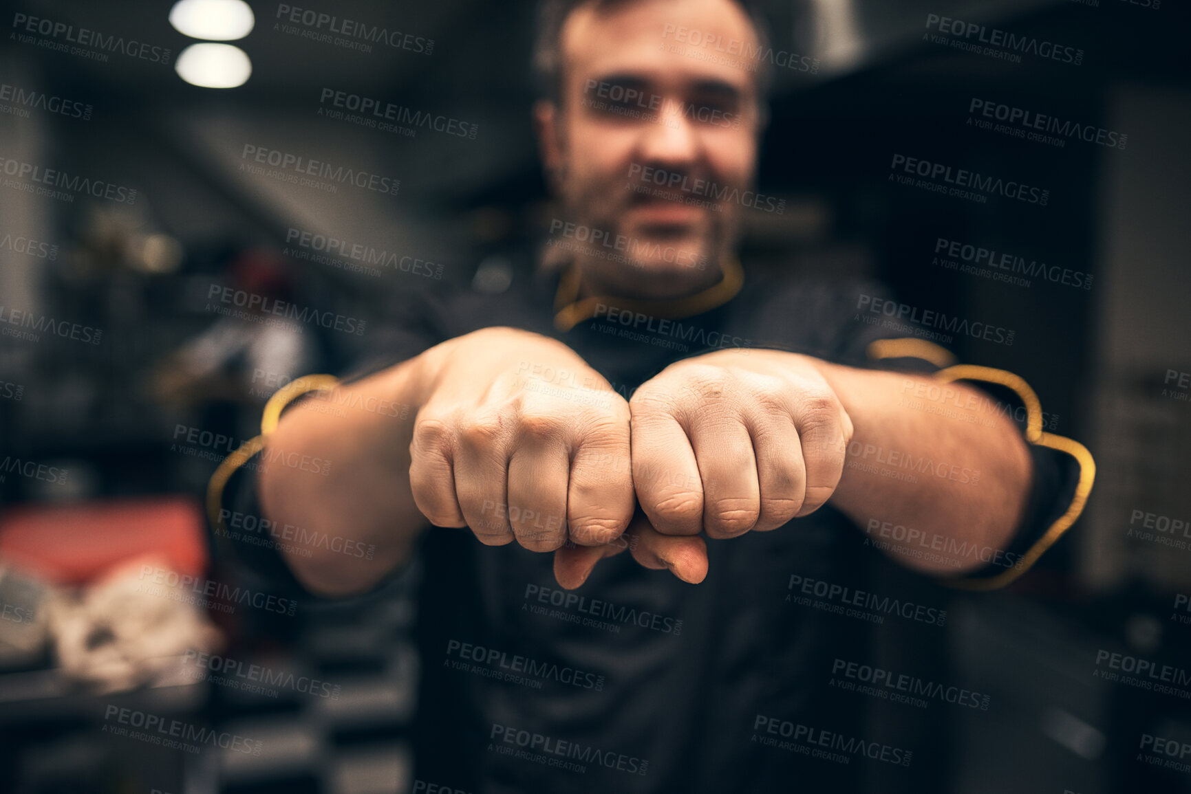 Buy stock photo Person, man and hand fists with tattoo in restaurant kitchen with love for baking, cooking and small business owner. Art, chef and portrait with ink in catering industry for service and fine dining