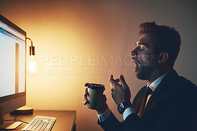 Buy stock photo Business, man and yawn with coffee in office at night with computer for trading deadline and burnout of overtime. Professional, broker and tired at desk with caffeine drink for fatigue and exhausted