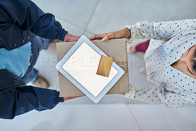 Buy stock photo Delivery box, hands and tablet with credit card for payment, ecommerce and online shopping. Woman, courier or customer with money for purchase, logistics or shipping with top view of mockup on screen