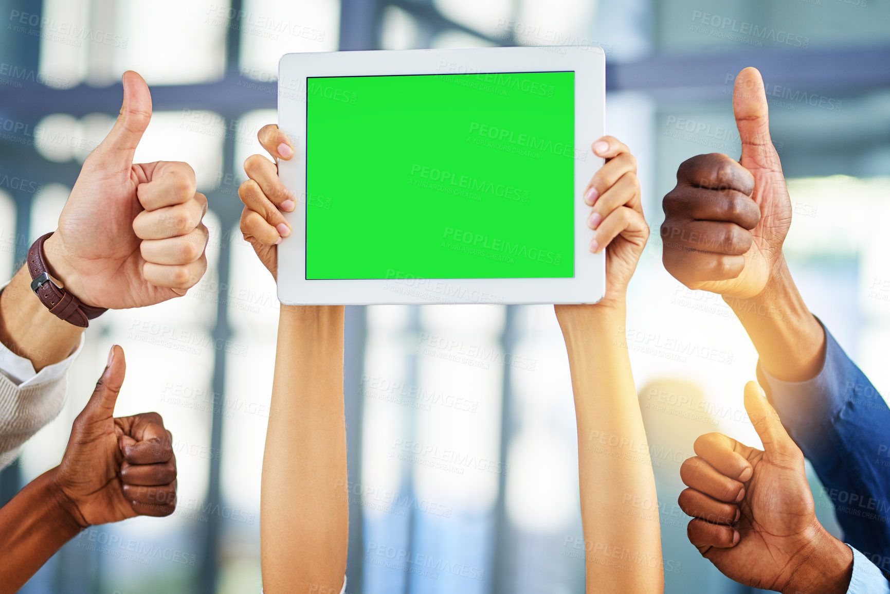 Buy stock photo Thumbs up, green screen and group of business people with tablet in hands for marketing, advertising or team promo. Chroma key, technology and like sign for space app, mockup or yes in office closeup