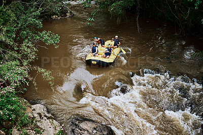 Buy stock photo Raft, river and people in boat in nature for fun adventure, holiday and outdoor vacation with rocks. Extreme sports, travel and friends in water for canoeing, kayaking and rowing activity in lake