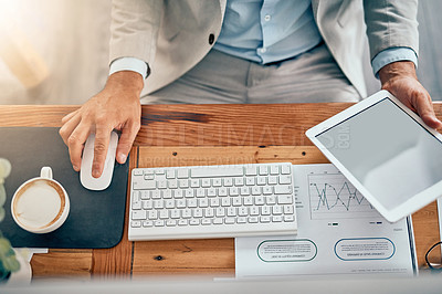 Buy stock photo Businessman, hands and laptop with computer in office for investment news, economy research or company shares management. Multitasking, asset manager or mockup with top view at desk for stock trend