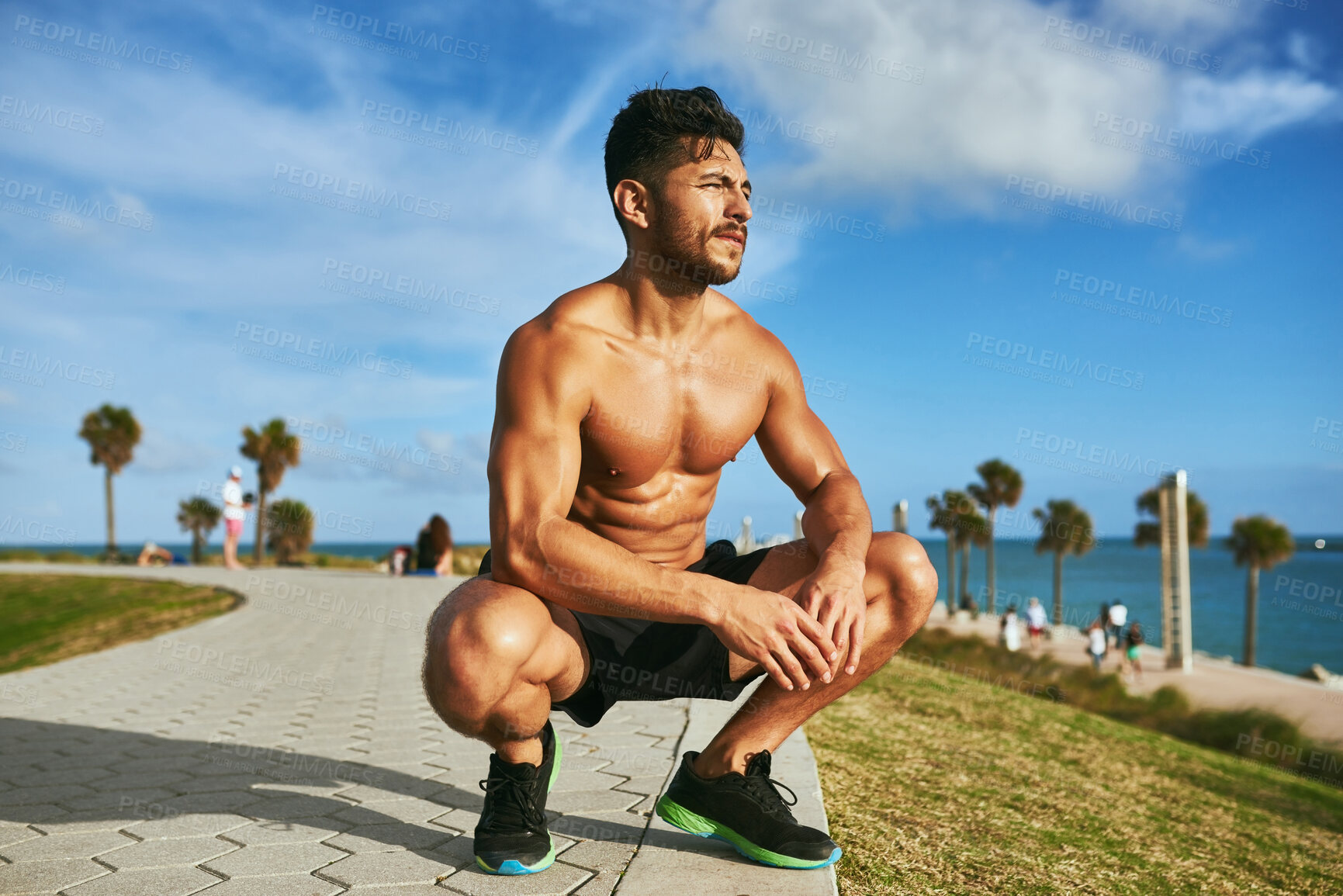 Buy stock photo Man, thinking and fitness by beach for body, exercise and muscle development with sunshine and ocean. Bodybuilder, vision and topless outdoor for health, confidence and athlete figure with blue sky