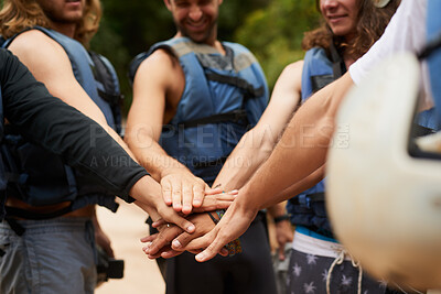 Buy stock photo People, hands and stack in nature for fitness, support and synergy or ready for kayaking. Sports team, gesture and outdoor with circle for collaboration, energy and life jackets for safety in rafting