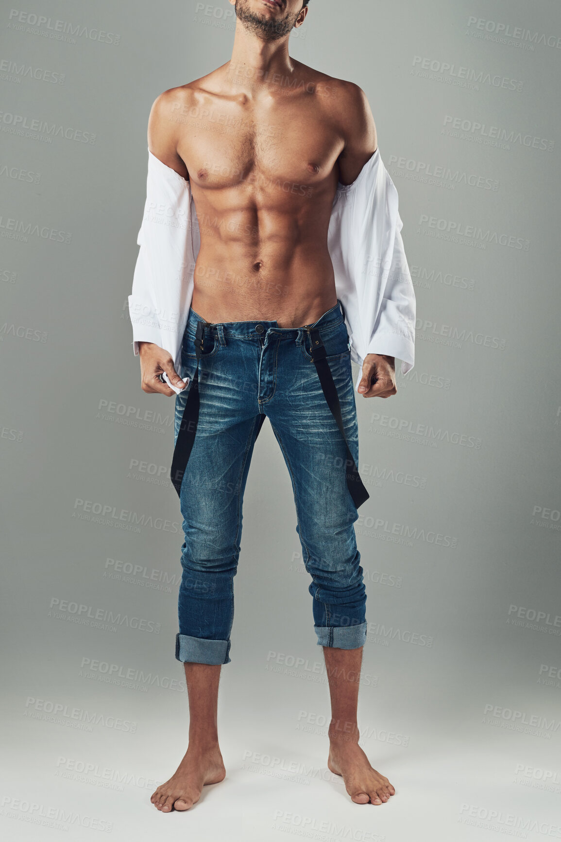 Buy stock photo Man, sexy and undress in studio with muscles, fitness body and abs for wellness. Male person, bodybuilder and shirtless on gray background with torso, toned abdomen and confident with appearance