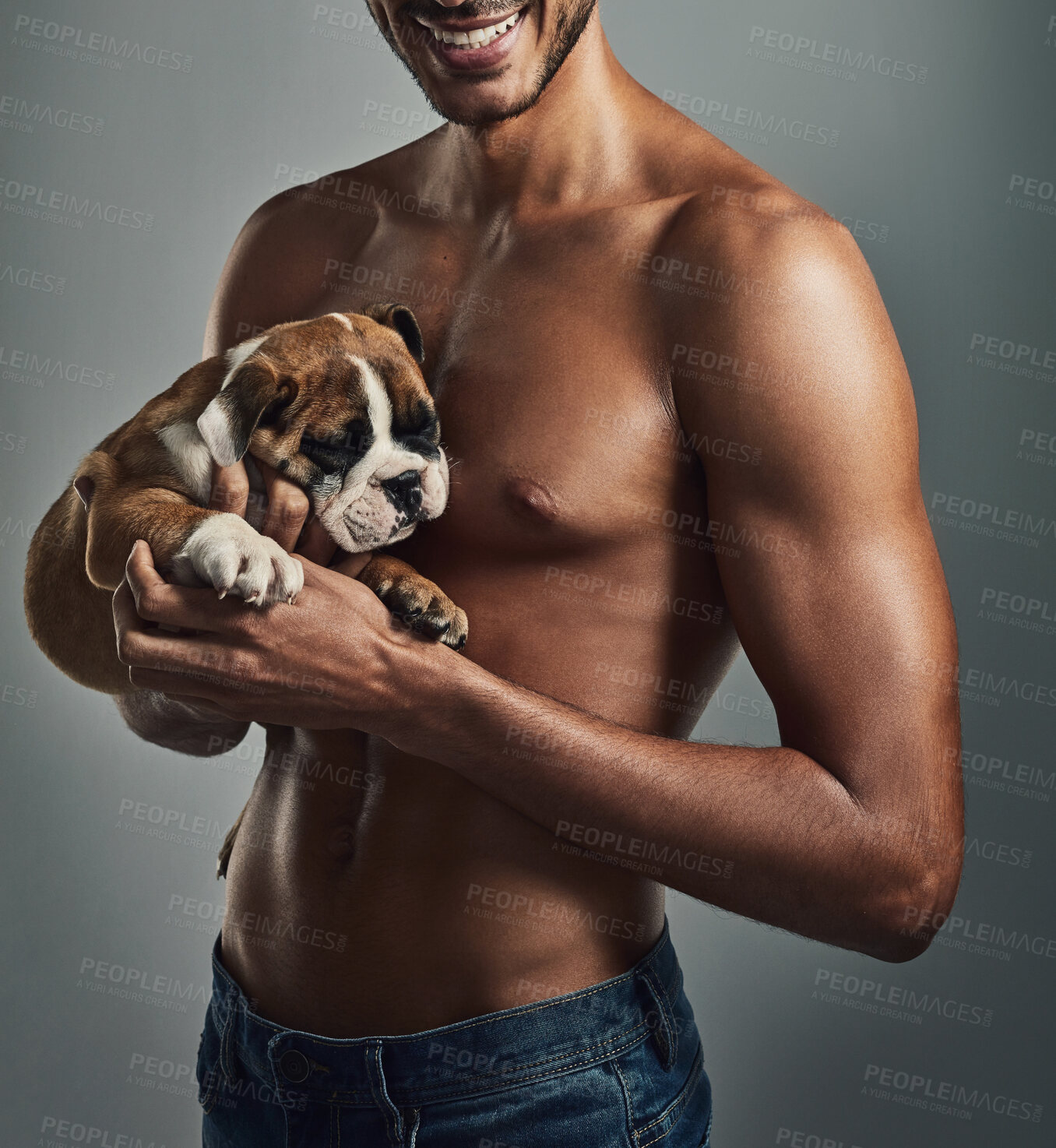 Buy stock photo Studio, smile and man with puppy, love and bonding with pet, affection and comfortable with bulldog. Grey background, happy and adoption of dog, together and loyalty of animal, person and care