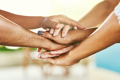 Buy stock photo Closeup, hands and business people with stack for collaboration, support and celebration for startup feedback. Teamwork, designers and target success with huddle for solidarity, cooperation or office