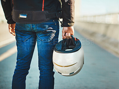 Buy stock photo Legs, man and bridge with motorbike helmet for transportation, ride and trip in Brazil. Male person, city and outdoor with confidence with travel, adventure and journey with drive with scooter