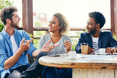 Buy stock photo Coffee shop, business and meeting with people talking outdoor for colleague discussion or planning. Design, hospitality or smile of happy man and woman group at cafe for collaboration or teamwork