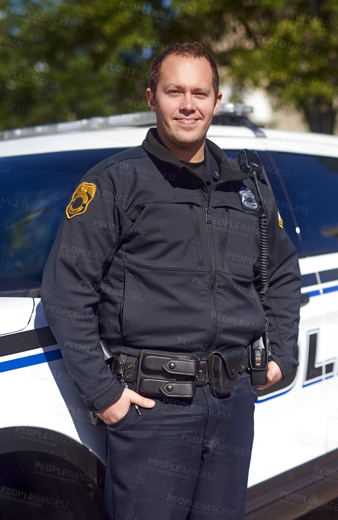 Buy stock photo Man, portrait and police officer for service, outdoor and uniform for responsibility in urban city. Male person, law enforcement and cop for public worker of security, fearless and authority in town