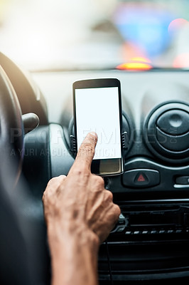 Buy stock photo Man, hand and driver with blank phone in car, transport directions and traffic navigation on road. Male person, finger and mockup space for map route to location, search journey and app for travel