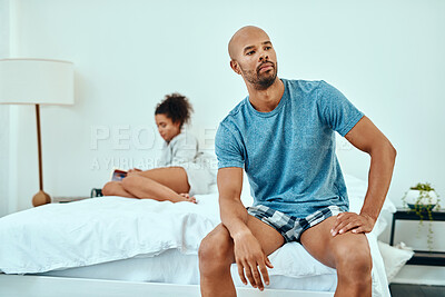 Buy stock photo Couple, man and ignore on bed with conflict in marriage for infidelity, argument and disagreement in home. People, unhappy and fight for toxic relationship, divorce and drama in bedroom for cheating