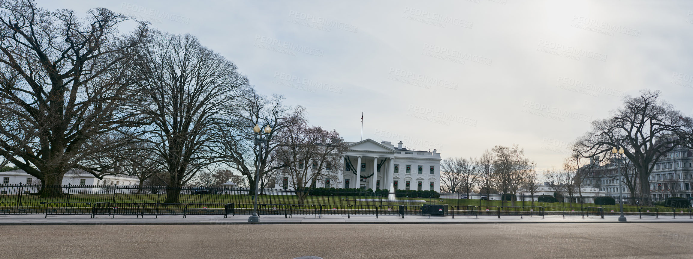 Buy stock photo Building, landmark and presidential with White House in Washington DC for democracy or election. Government, history and location with executive mansion in capital of United States of America