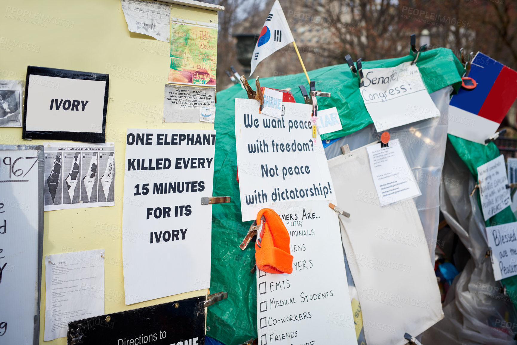 Buy stock photo Protest, justice and sign on board in city for activism, freedom or politics to change society. Poster, revolution or animal rights outdoor for peace, voice or opinion on bulletin notification