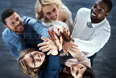 Buy stock photo Business people, above or high five for motivation, collaboration or support for insurance company. Huddle, office target or staff with hands together for synergy, teamwork or solidarity in workplace