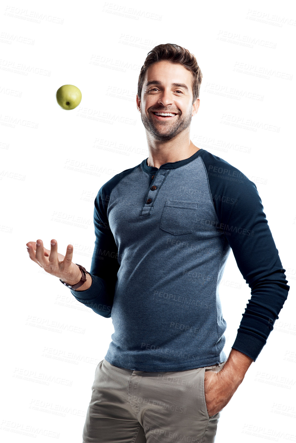 Buy stock photo Smile, portrait and man in studio with apple for wellness, nutrition and balance in gut health care. Happy, digestion and confident male person with green fruit for detox, diet and white background.