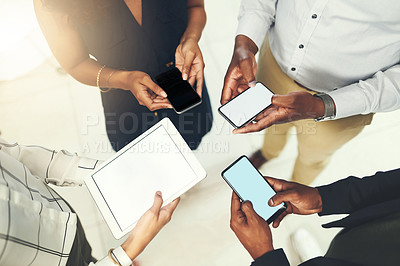 Buy stock photo Business people, hands and tech for circle in office, campaign project and research media trend. Employees, above and huddle for feedback on audience engagement, screen and mockup space at workplace