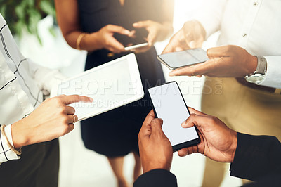 Buy stock photo Business people, hands and tech in office circle, campaign project and research media trend. Employees, meeting and mockup space for feedback on audience engagement, screen and connect in closeup