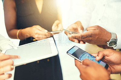 Buy stock photo Employees, hands and tech for plan in huddle, campaign project and research media trend. Staff, meeting and office for feedback on audience engagement, online and connect for news in circle closeup