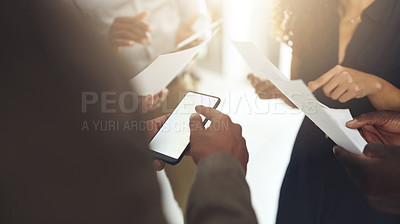 Buy stock photo Business people, hands and phone with screen and paperwork for social media and content creation. Mockup, planning and staff with technology and data check for seo update and upgrade with team