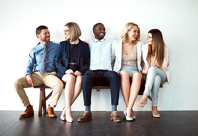 Buy stock photo Smile, business and people in row at office for job interview,  recruitment and hiring on white background.  Employees, candidates and human resources for career opportunity, development and vacancy