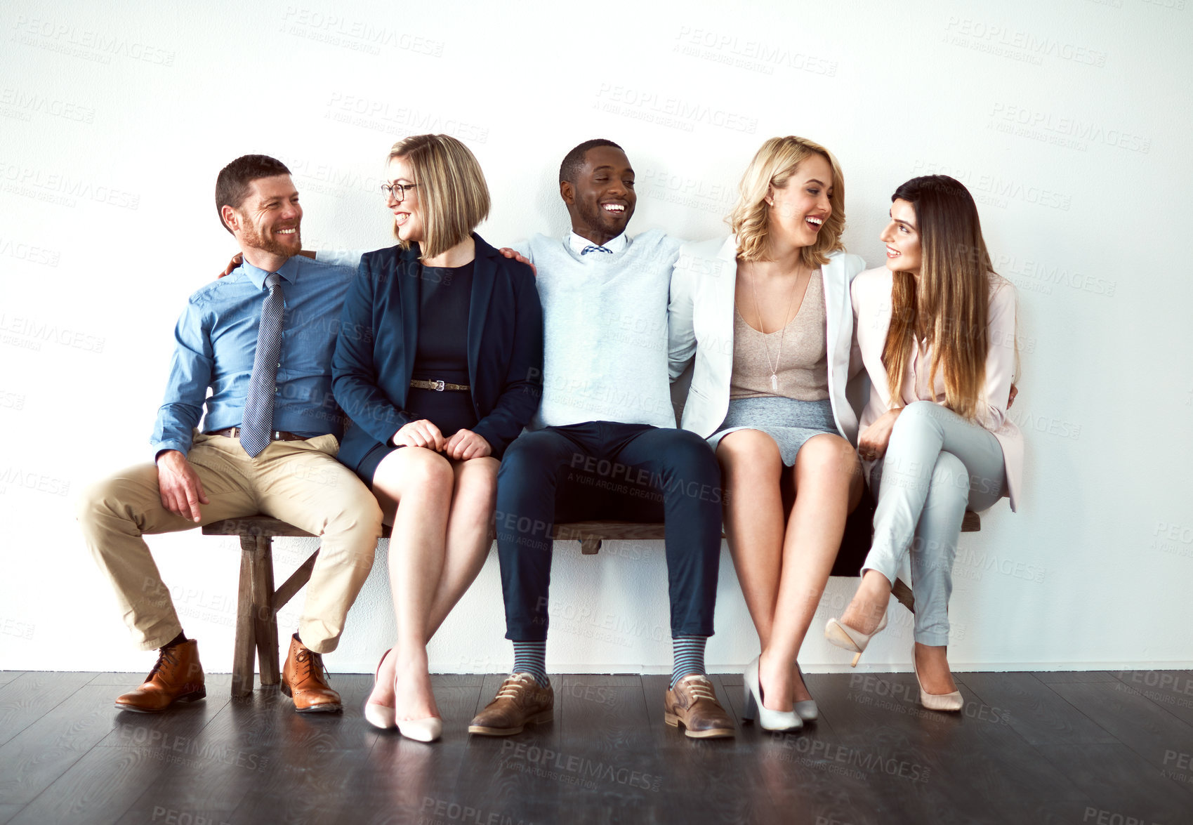 Buy stock photo Smile, business and people in row at office for job interview,  recruitment and hiring on white background.  Employees, candidates and human resources for career opportunity, development and vacancy