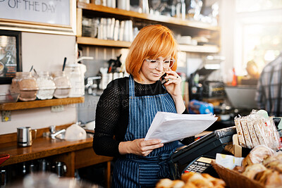 Buy stock photo Woman, phone call and shop owner in restaurant with documents, thinking and reading for price, stock and deal. Barista, smartphone and paperwork for invoice, inventory and contact supplier in cafe