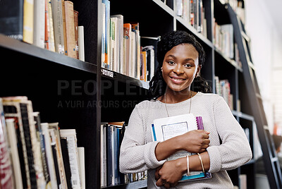 Buy stock photo School, portrait or proud black woman with book in library for education, opportunity or studying at college. Smile, shelf and student learning for research, knowledge and scholarship at university