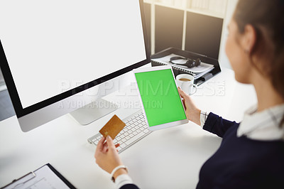 Buy stock photo Business, woman and credit card with tablet in office for online shopping, ecommerce payment and loan investment. Girl, mockup space and digital with fintech, banking app and information for password