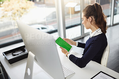 Buy stock photo Business woman, tablet and green screen with desk, tech and writing intern with social media. Office, space and website with digital journalism with online learning and internet at creative startup