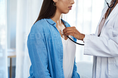 Buy stock photo Woman, test and hands of doctor for breathe of patient for surgery exam, checkup and chest treatment. Healthcare, stethoscope and professional help for consulting person with lung problem or asthma