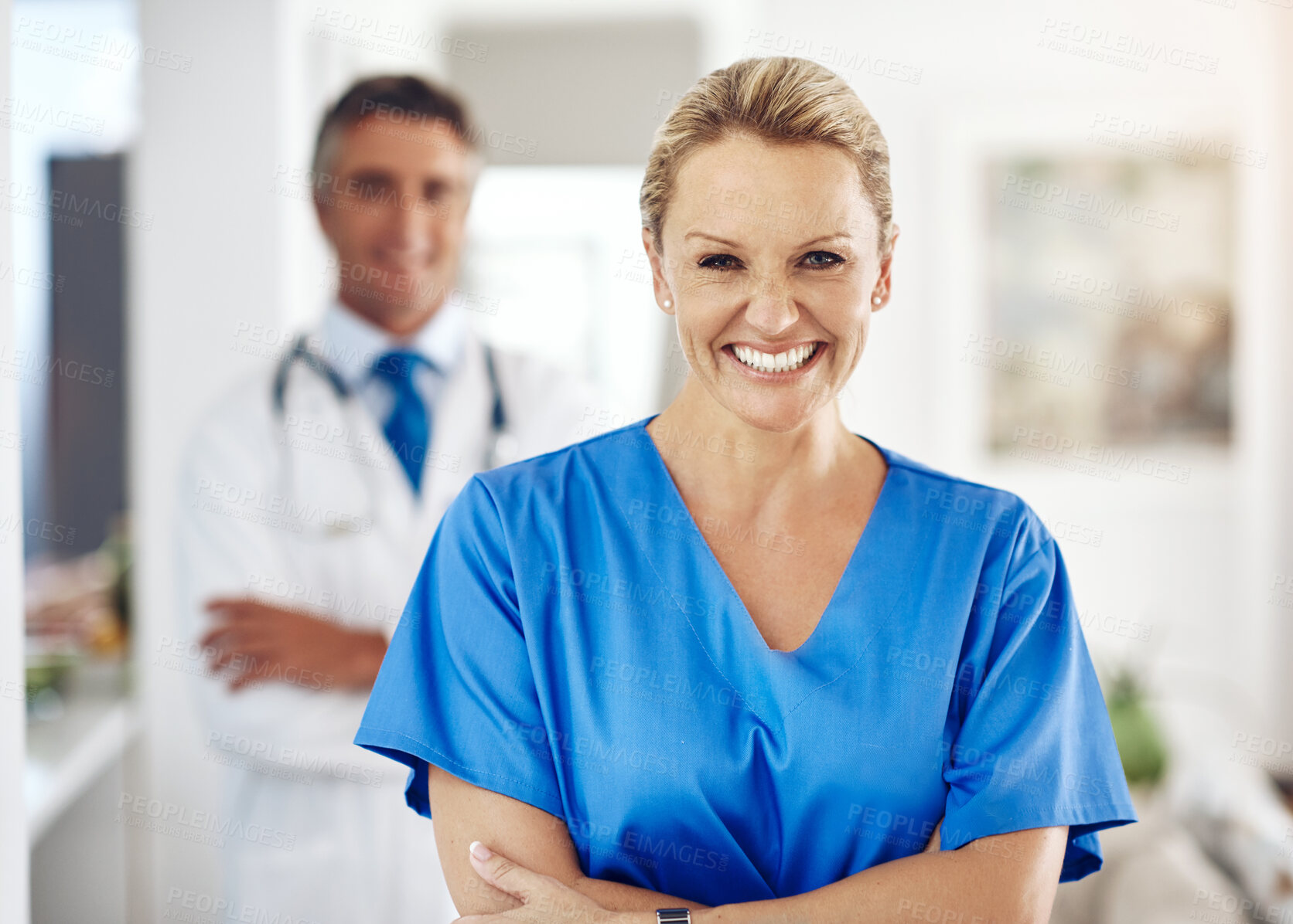 Buy stock photo Mature woman, doctor and staff portrait with hospital, healthcare and clinic professional with confidence. Cardiology, stethoscope and wellness worker with happy and smile at ICU care job as surgeon