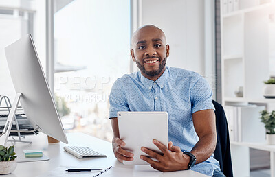 Buy stock photo Black man, tablet and agenda in office portrait, publicist and online for public relations platform. Male person, professional and email for client liaison, press release and social media for search