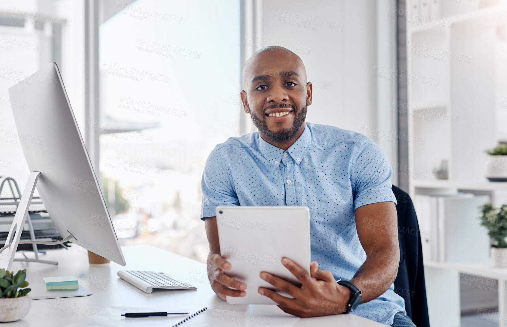 Buy stock photo Black man, tablet and agenda in office portrait, publicist and online for public relations platform. Male person, professional and email for client liaison, press release and social media for search