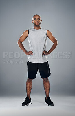 Buy stock photo Black man, portrait or fitness with confidence in studio for exercise on a gray studio background. Young African, male person or active model with pride in sportswear for workout, health and wellness