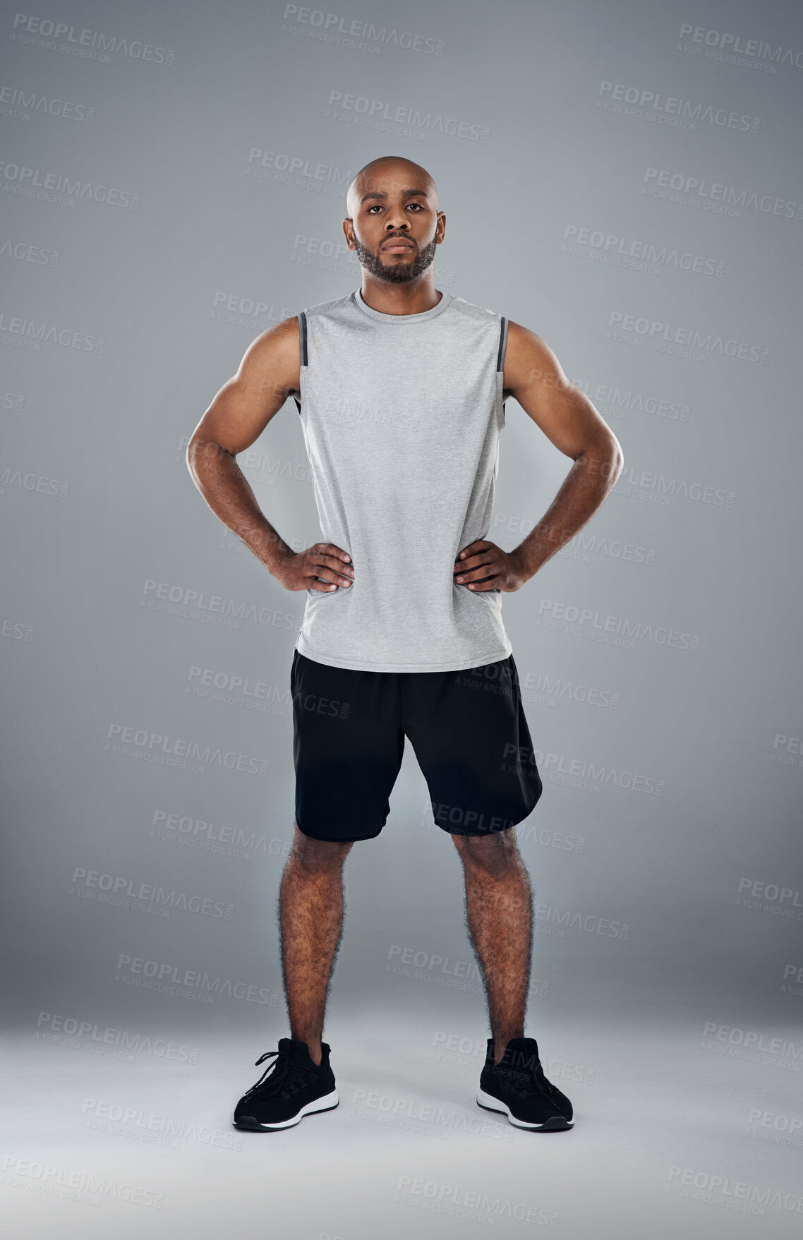 Buy stock photo Black man, portrait or fitness with confidence in studio for exercise on a gray studio background. Young African, male person or active model with pride in sportswear for workout, health and wellness