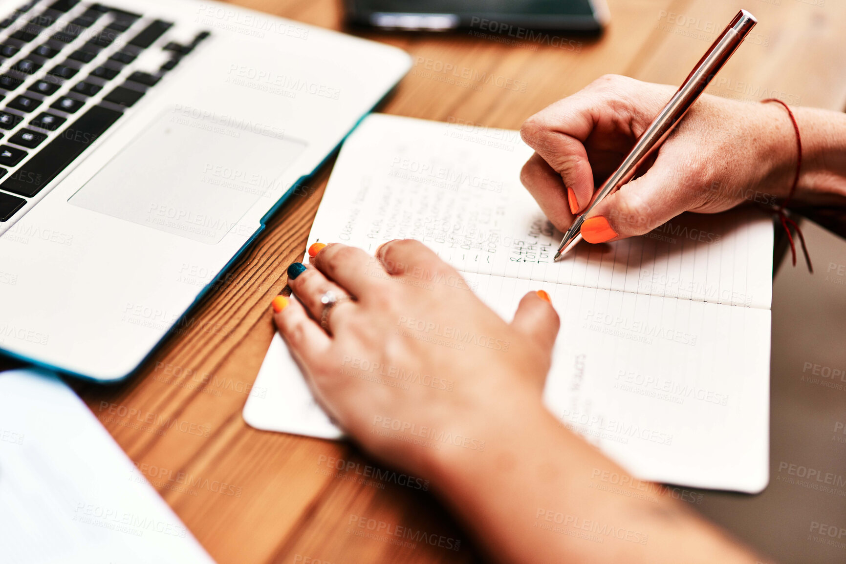 Buy stock photo Woman, hands and journal for freelancer notes, journalist inspiration and planner for article news. Female person, writing and laptop for research on column, brainstorming and solution for issue