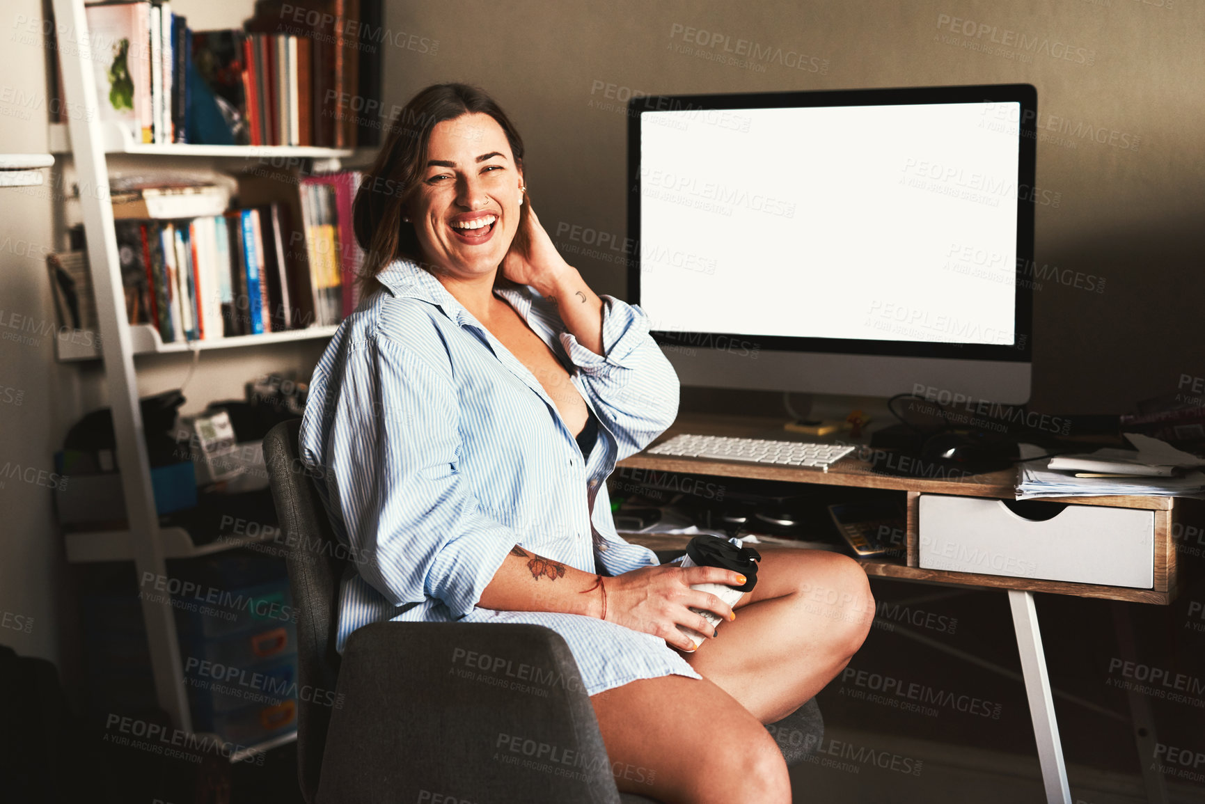 Buy stock photo Portrait, laugh and woman with coffee by computer screen with mockup space in home office. Happy, freelancer and person with drink by monitor for remote work, marketing or design funny ads in Germany