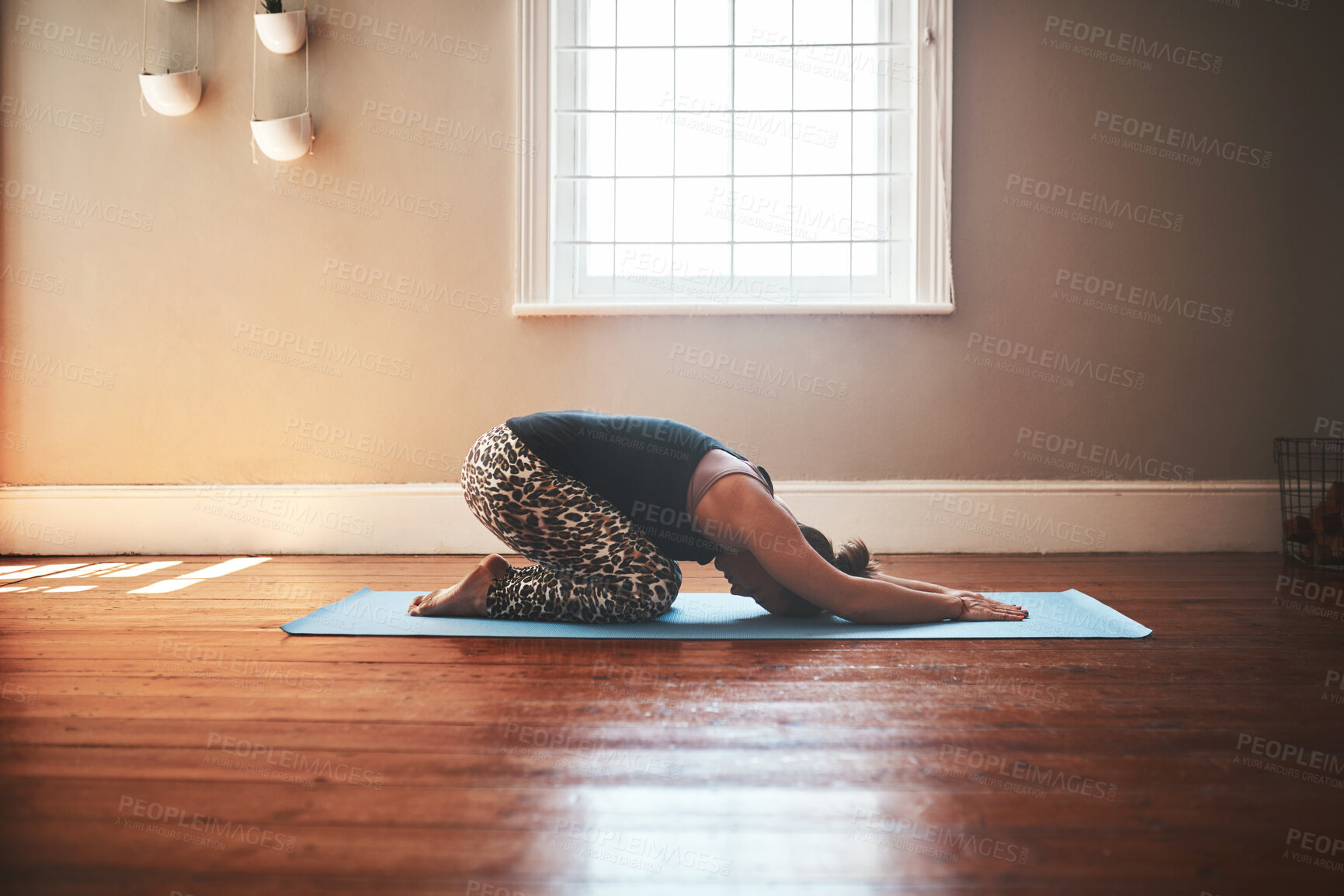 Buy stock photo House, stretching and woman with yoga, meditation and balance with wellness in living room. Person, apartment and healthy girl with workout, chakra and zen with fitness, exercise and breathing