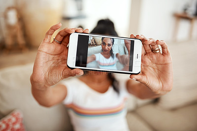 Buy stock photo Woman, phone screen and selfie for profile picture, vlog or social media post at home. Happy,  influencer or creative vlogger with casual fashion, networking and photo in living room with smile