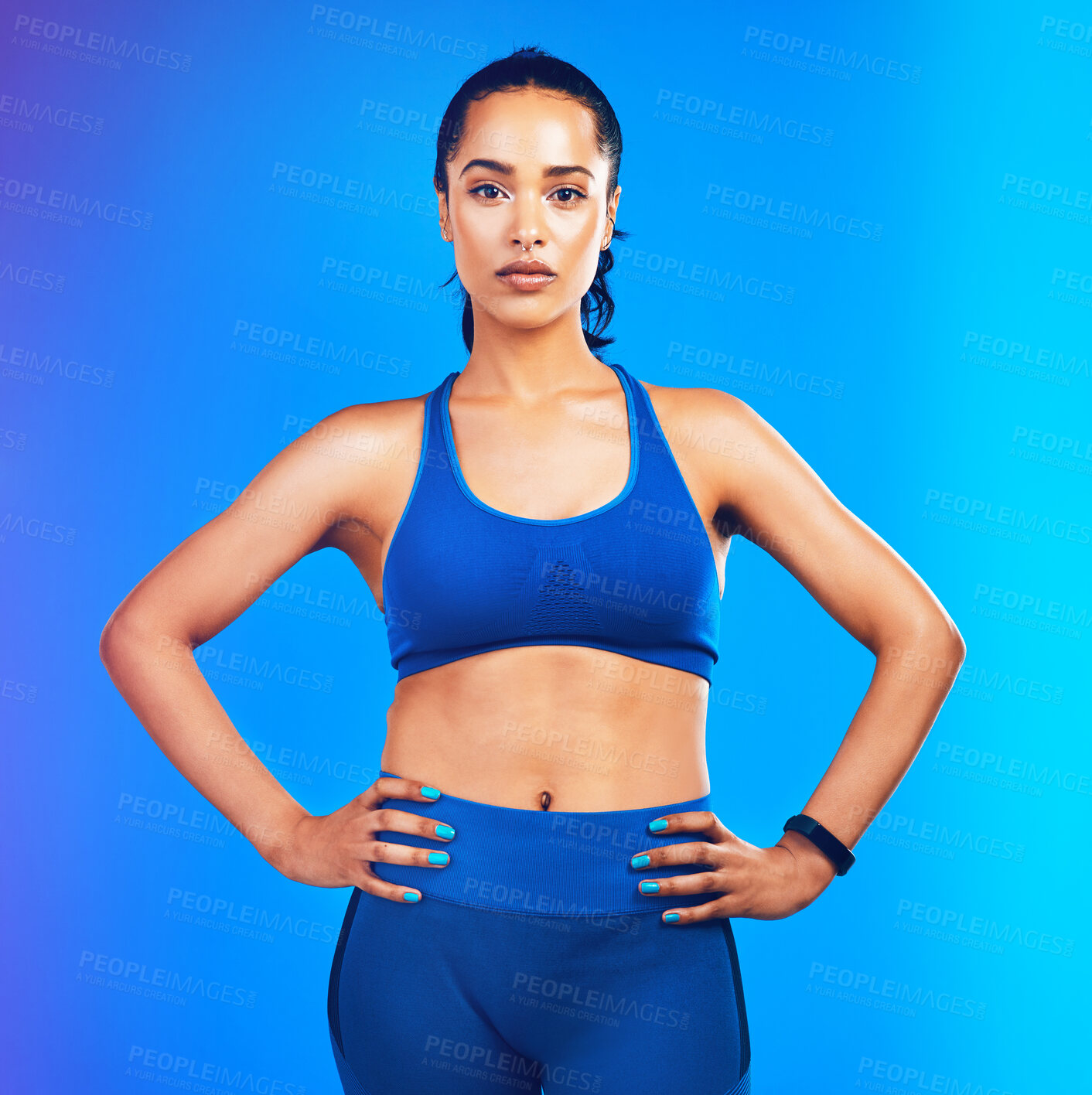 Buy stock photo Fitness, confident and portrait of woman on blue background for health, wellness and active in studio. Personal trainer, yoga instructor and isolated person for exercise, training and workout for gym