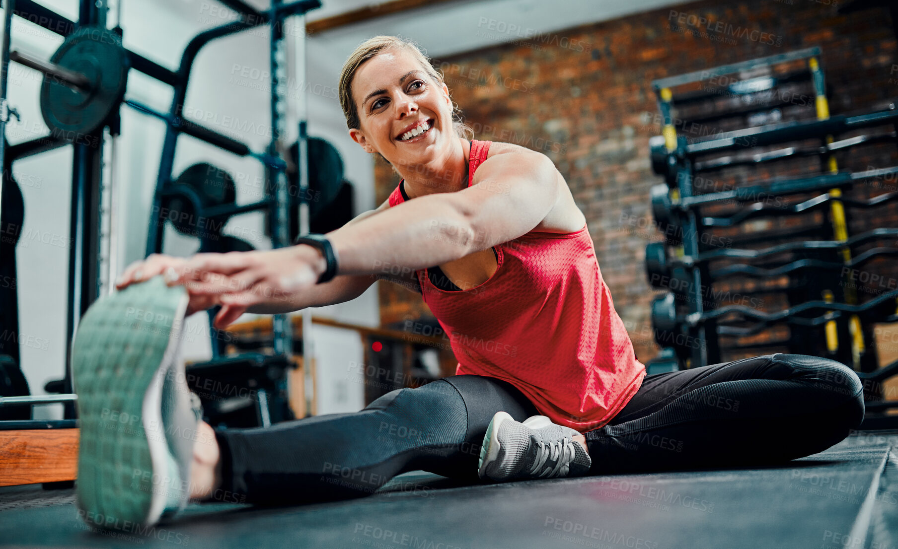 Buy stock photo Thinking, stretching leg and girl in gym for fitness, training and exercise for wellness with balance. Health club, endurance or female person with warm up, preparation and getting ready with pilates