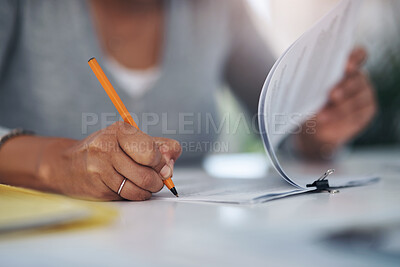 Buy stock photo Pen, paperwork and hands of woman in office with administration, contract and signature on report. Checking, writing and consultant at desk with insurance application files, registration or documents