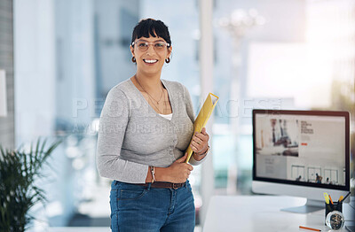 Buy stock photo Office, business and portrait of woman with files for administration, computer research and paperwork. Smile, professional and person with documents for secretary, career and folder organization