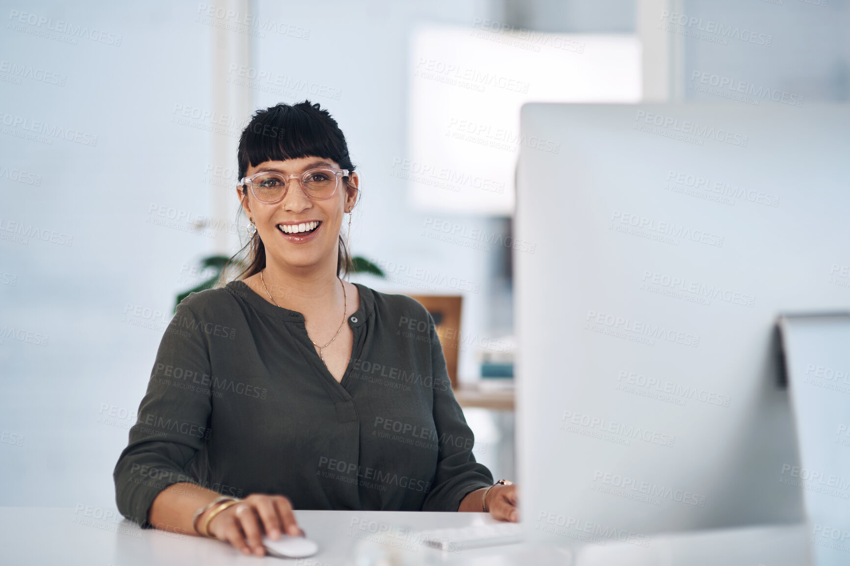 Buy stock photo Happy woman, portrait and designer with computer for professional or creative startup at office. Young female person or business employee with smile for career, job or productivity at workplace