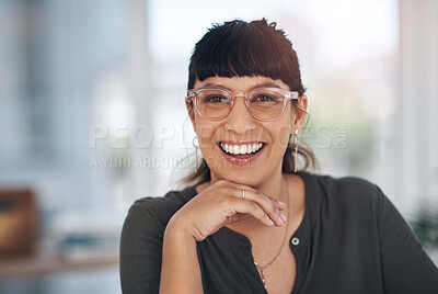 Buy stock photo Business woman, portrait and hand by chin in office for success, company and work with confident smile. Entrepreneur, happy and glasses in workplace for creative agency, startup as event planning